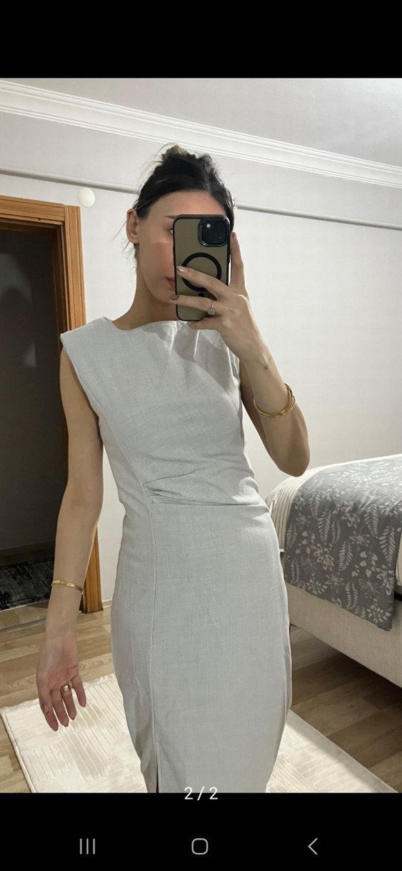 Gri  Kolsuz Midi Keten Elbise - Görsel 2