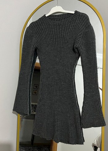 Gri Fitilli Triko Midi Elbise - Görsel 2