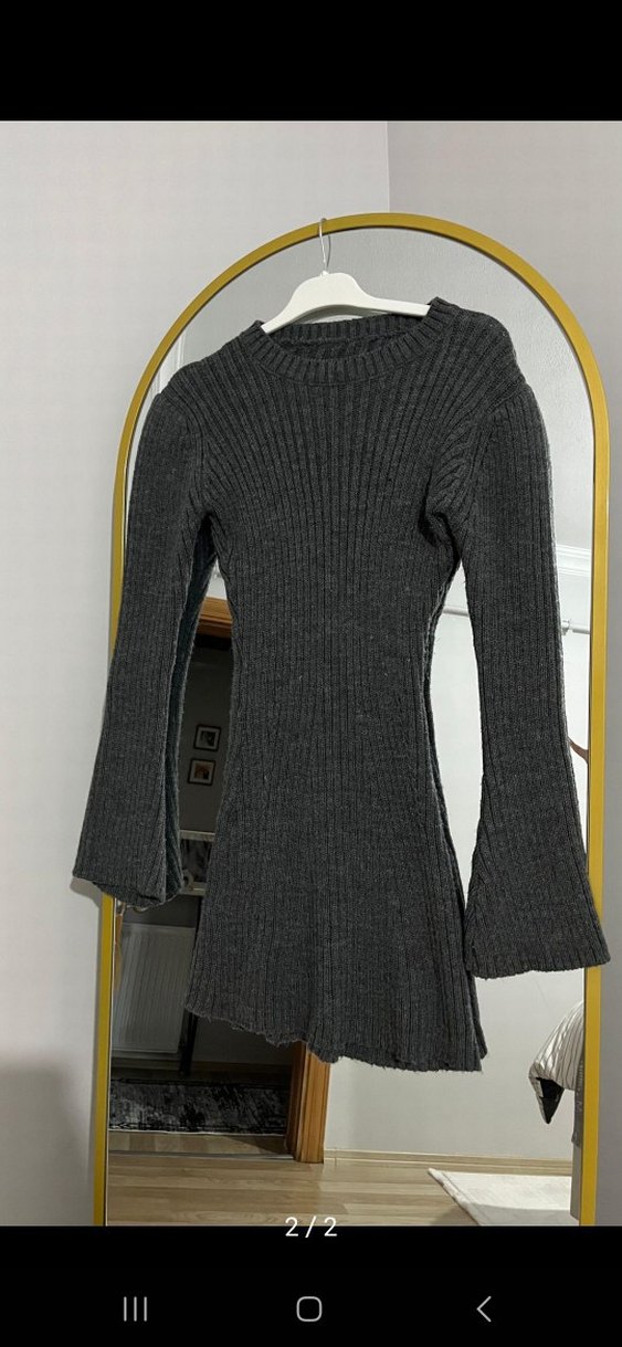 Gri Fitilli Triko Midi Elbise - Görsel 2