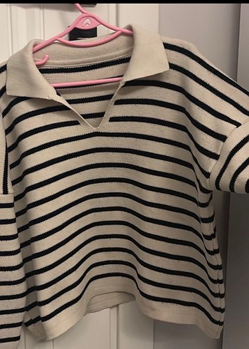 Bej Siyah Çizgili V Yaka Kadın Triko Kazak - Görsel 2