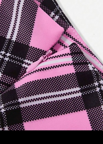 Pembe Ekoseli Pilili Midi Etek - Görsel 4