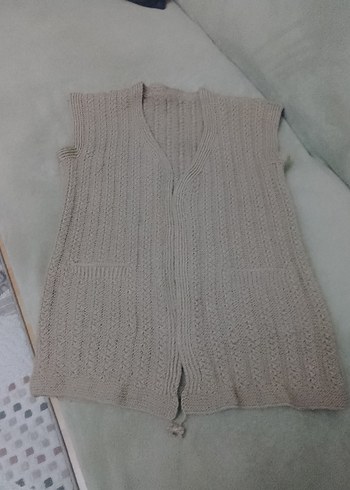 Bej V Yaka Örgü Kadın Yelek - Görsel 2