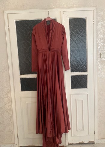 Bordo Uzun Kollu Drapeli Abiye Elbise - Görsel 3