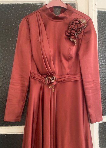 Bordo Uzun Kollu Drapeli Abiye Elbise - Görsel 2