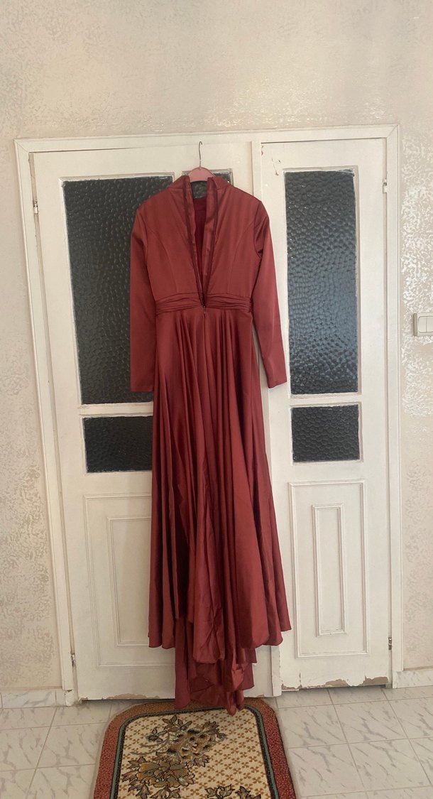 Bordo Uzun Kollu Drapeli Abiye Elbise - Görsel 3