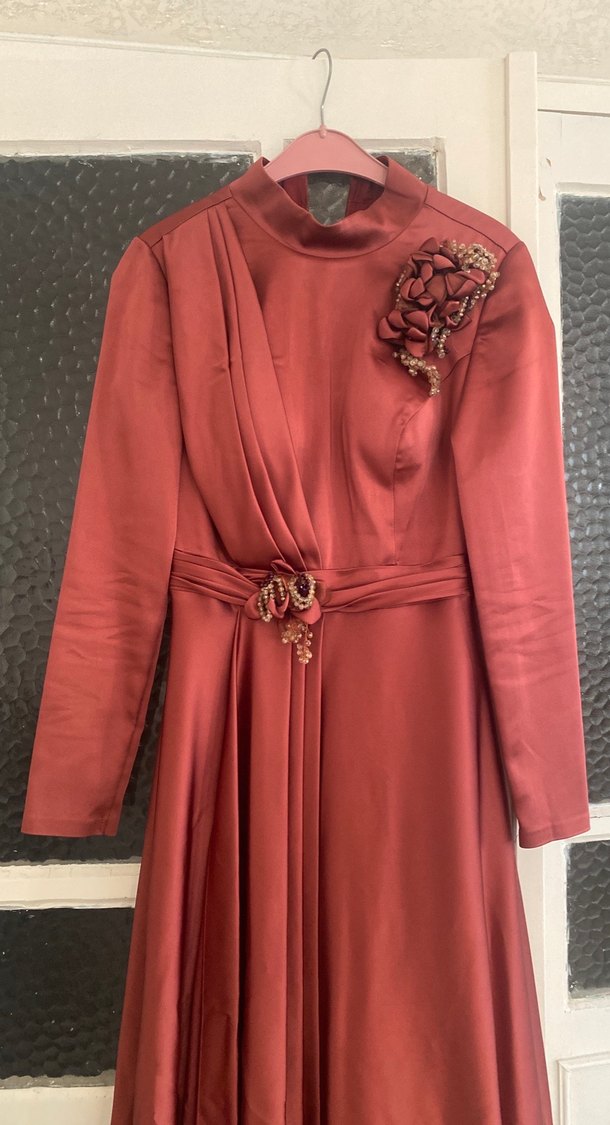 Bordo Uzun Kollu Drapeli Abiye Elbise - Görsel 2