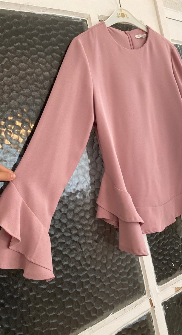 Pembe Uzun Kollu Fırfırlı Kadın Bluz - Görsel 2