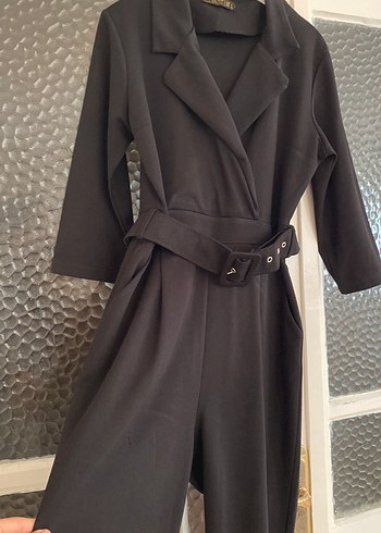 Kadın Siyah Uzun Tulum, Kemerli, Notched Yaka - Görsel 2