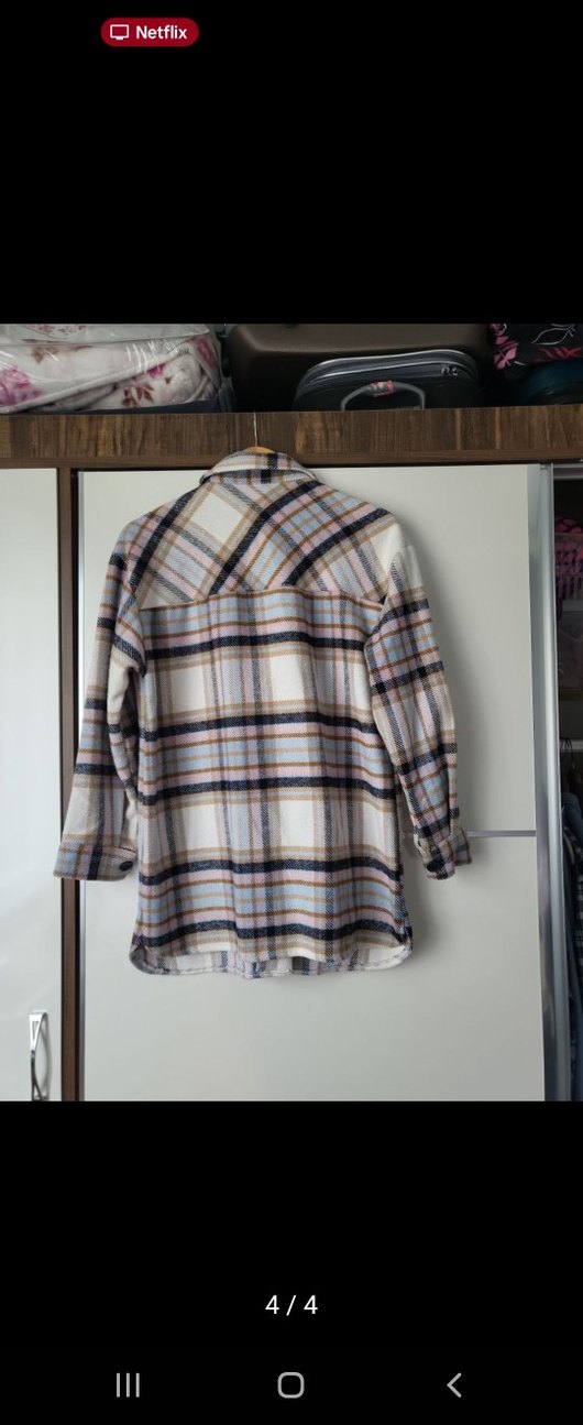 Bej Ekoseli Düğmeli Kadın Gömlek - Görsel 4