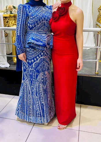 Kırmızı Drapeli Uzun Abiye Elbise - Görsel 2