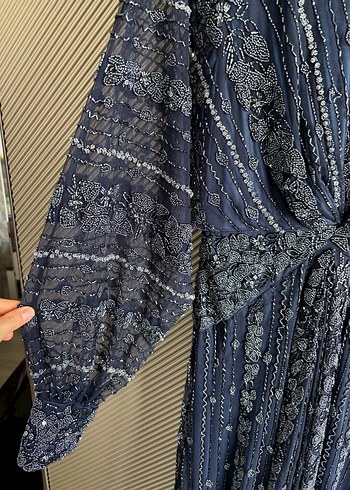 Lacivert Drapeli Bohem Uzun Elbise - Görsel 4