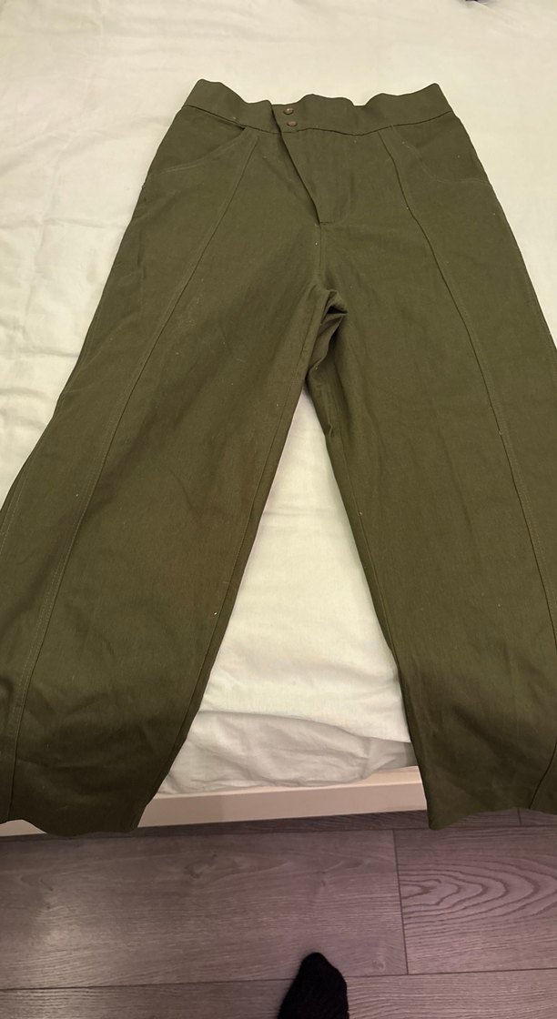 Düğmeli Keten Kadın Haki Pantolon - Görsel 3