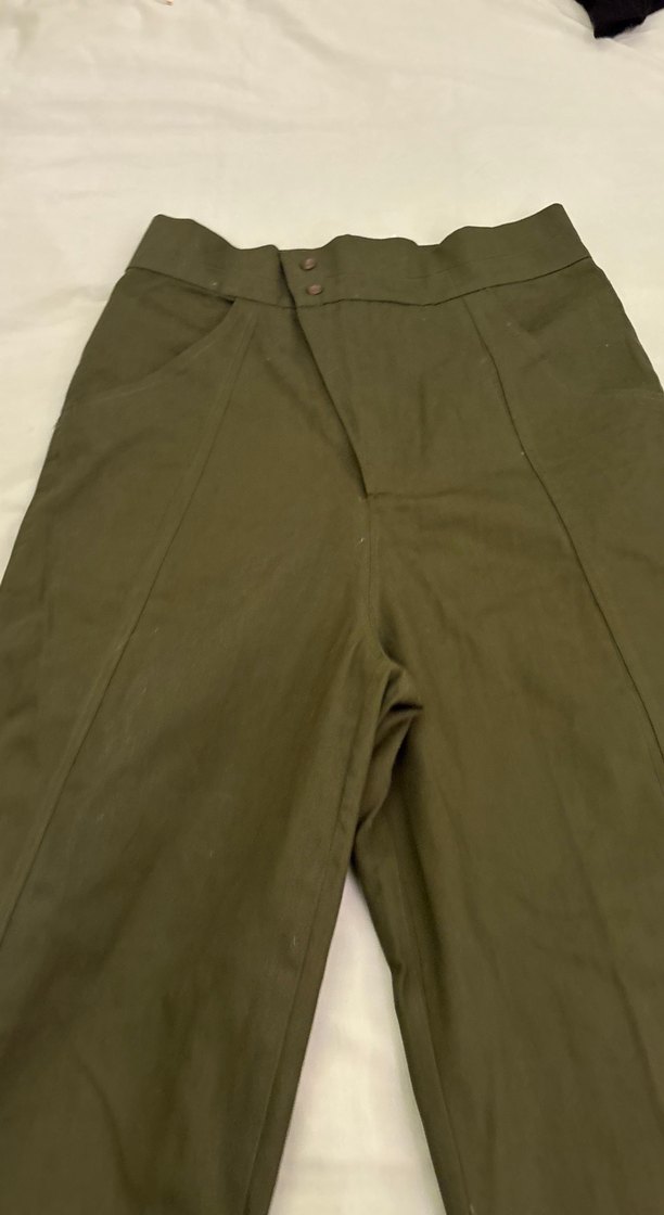 Düğmeli Keten Kadın Haki Pantolon - Görsel 2