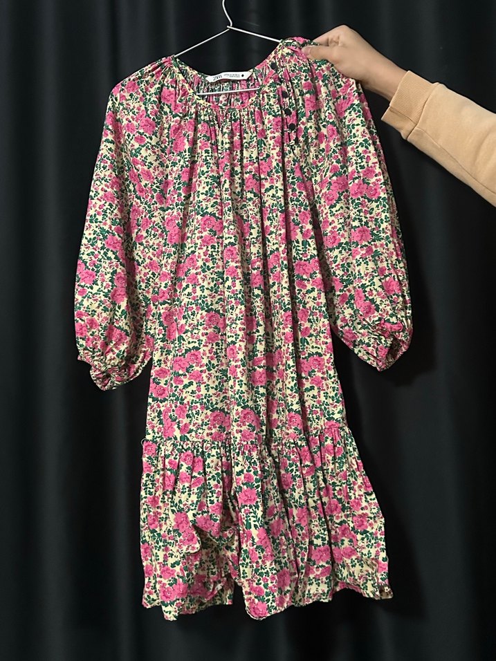 Pembe Çiçekli Uzun Kollu Bohem Elbise - Görsel 3