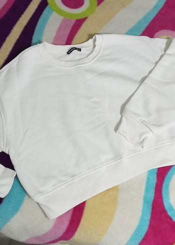 Kadın Beyaz Uzun Kollu Kısa Sweatshirt - Görsel 2