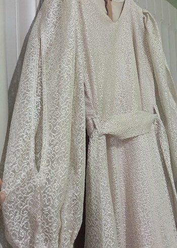 Beyaz Uzun Kollu Keten Elbise - Görsel 2