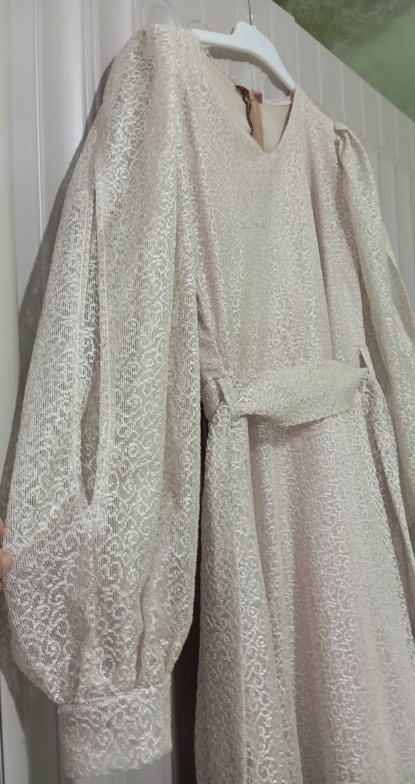 Beyaz Uzun Kollu Keten Elbise - Görsel 2