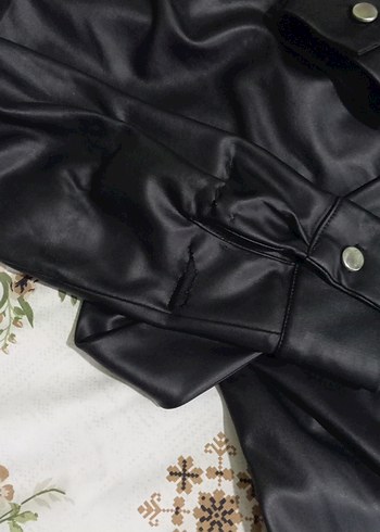 Kemerli Uzun Siyah Deri Kadın Ceket - Görsel 4