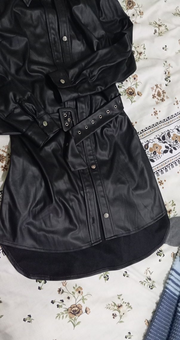 Kemerli Uzun Siyah Deri Kadın Ceket - Görsel 3