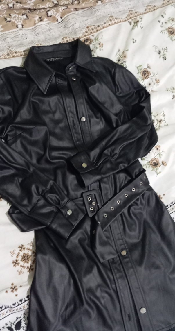 Kemerli Uzun Siyah Deri Kadın Ceket - Görsel 2