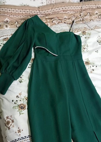 Uzun Kollu Drapeli Yeşil Tulum - Görsel 2