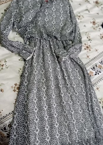 Bohem V Yaka Uzun Desenli Gri Elbise - Görsel 2