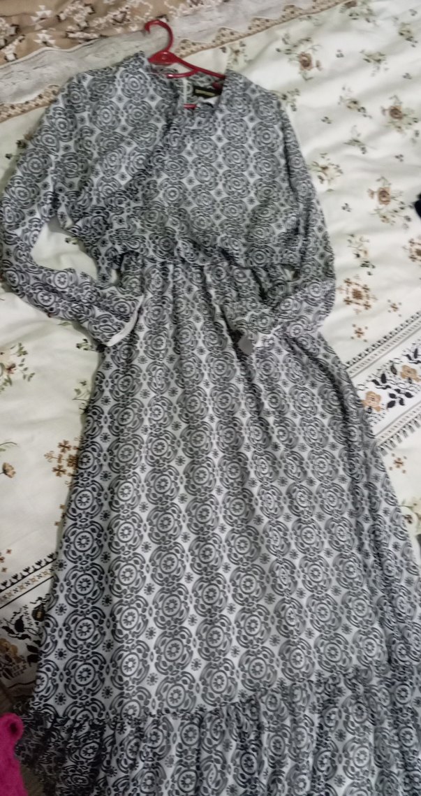 Bohem V Yaka Uzun Desenli Gri Elbise - Görsel 2