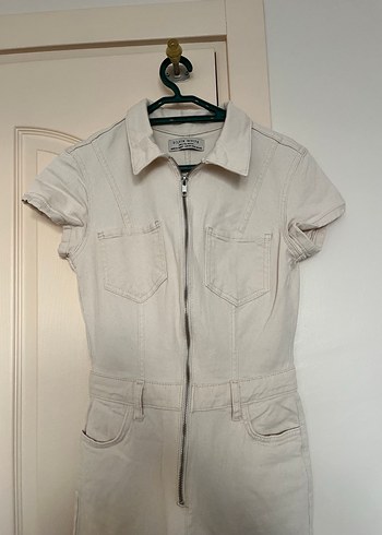 Bej Kısa Kollu Fermuarlı Kadın Tulum - Görsel 2