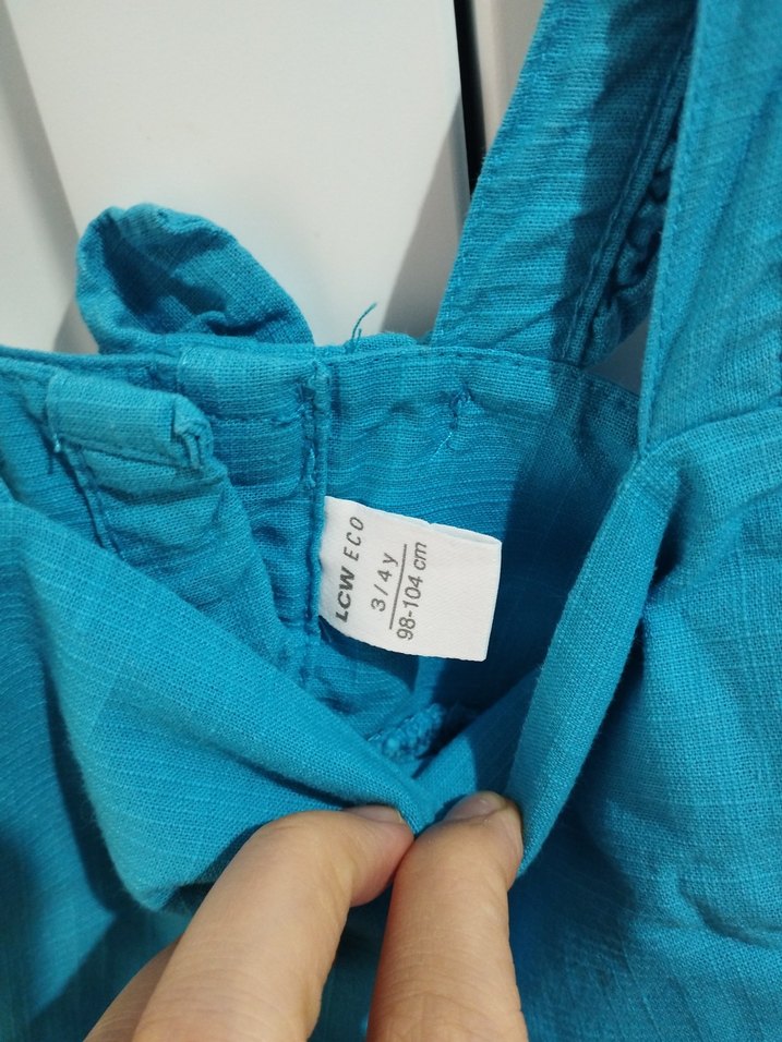 Kız Çocuk Mavi Keten Elbise - Görsel 3