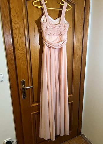 Pembe Pilili Uzun Askılı Abiye Elbise - Görsel 3