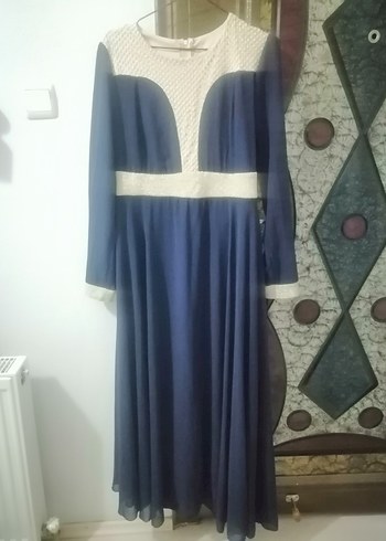 Uzun Kollu Yuvarlak Yaka Lacivert Uzun Elbise - Görsel 2