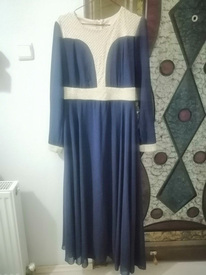 Uzun Kollu Yuvarlak Yaka Lacivert Uzun Elbise - Görsel 2