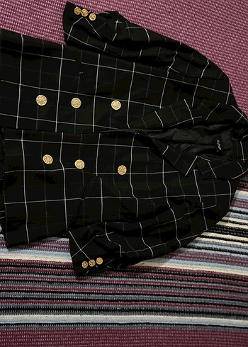 Düğmeli Siyah Ekose Kadın Blazer Ceket - Görsel 2