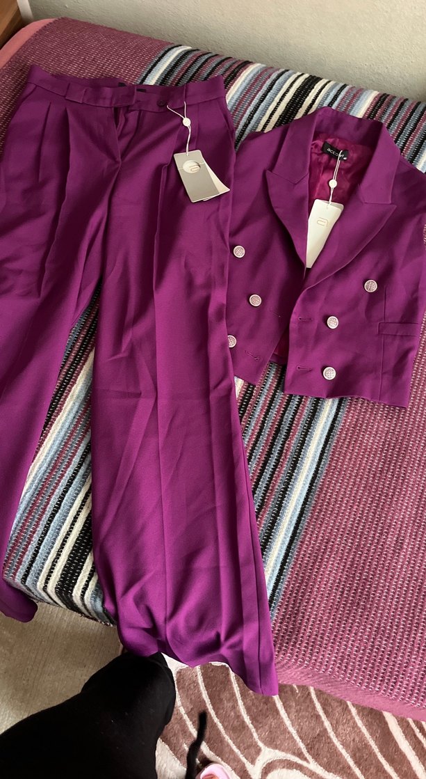 Mor Düğmeli Uzun Kadın Takım Elbise - Görsel 2