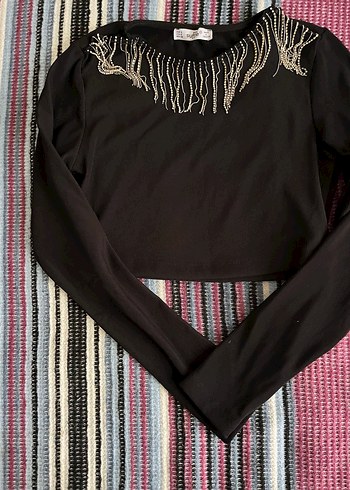 Zincir Detaylı Siyah Bohem Crop Kadın Bluz - Görsel 2