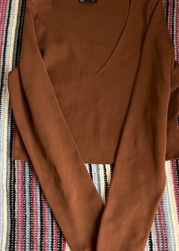 Bohem Tarz Uzun Kollu V Yaka Kahverengi Bluz - Görsel 2