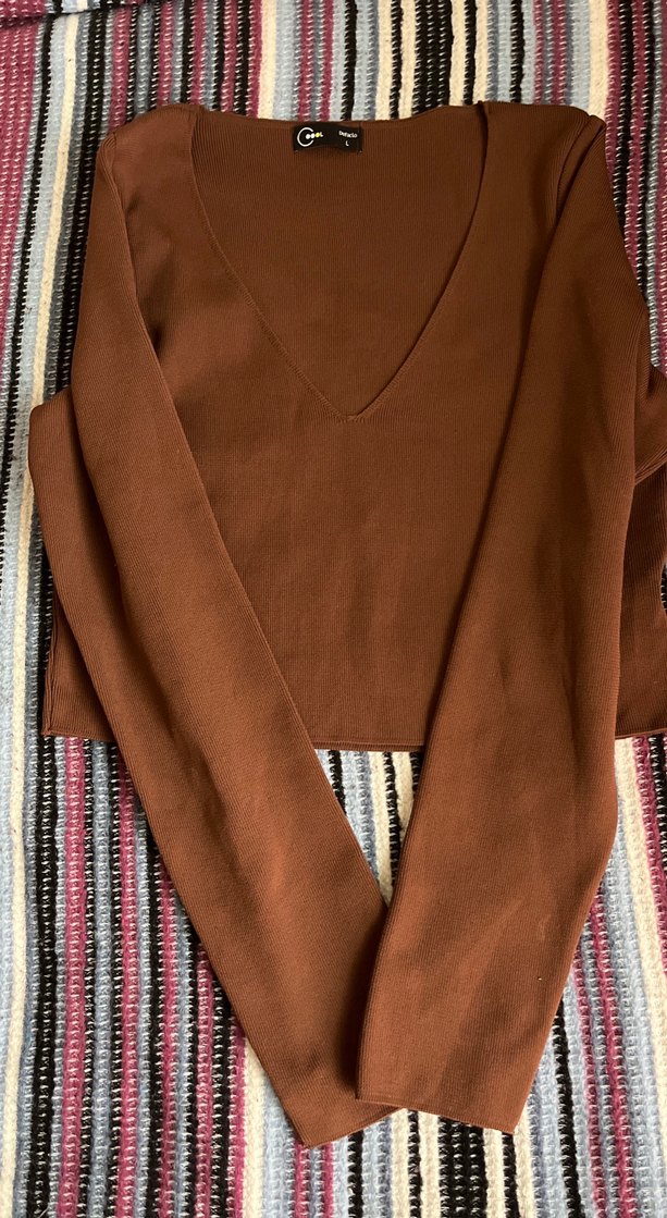Bohem Tarz Uzun Kollu V Yaka Kahverengi Bluz - Görsel 2