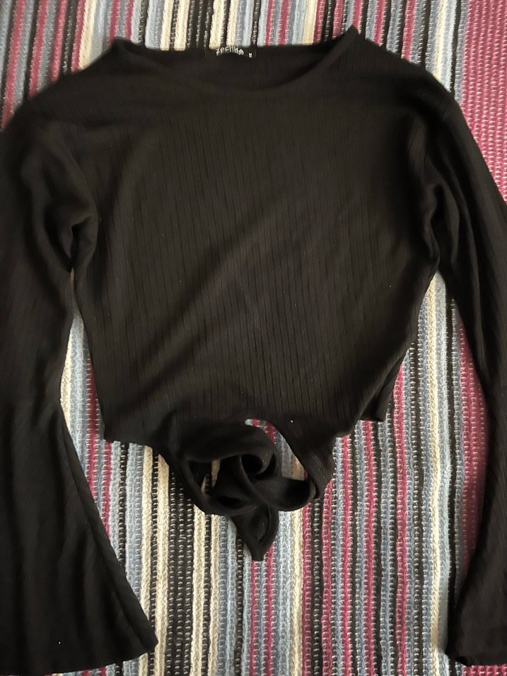 Siyah crop Uzun İspanyol kol  Kadın Bluz - Görsel 3