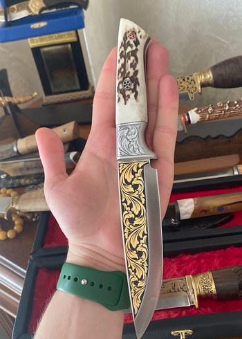 Altın işlemeli özel tasarım bıçak geyik boynuzu N690 çeliktir - Görsel 2