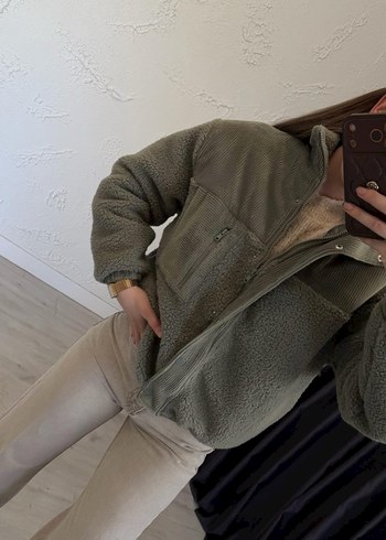 Uzun Kollu Haki Yüksek Yakalı Kadın Ceket Mont - Görsel 3