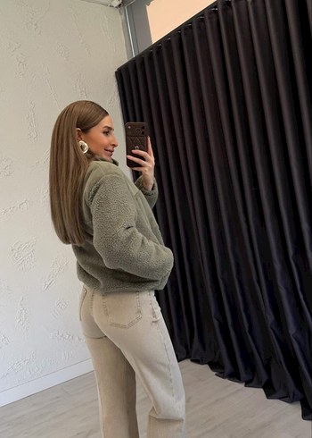 Uzun Kollu Haki Yüksek Yakalı Kadın Ceket Mont - Görsel 2