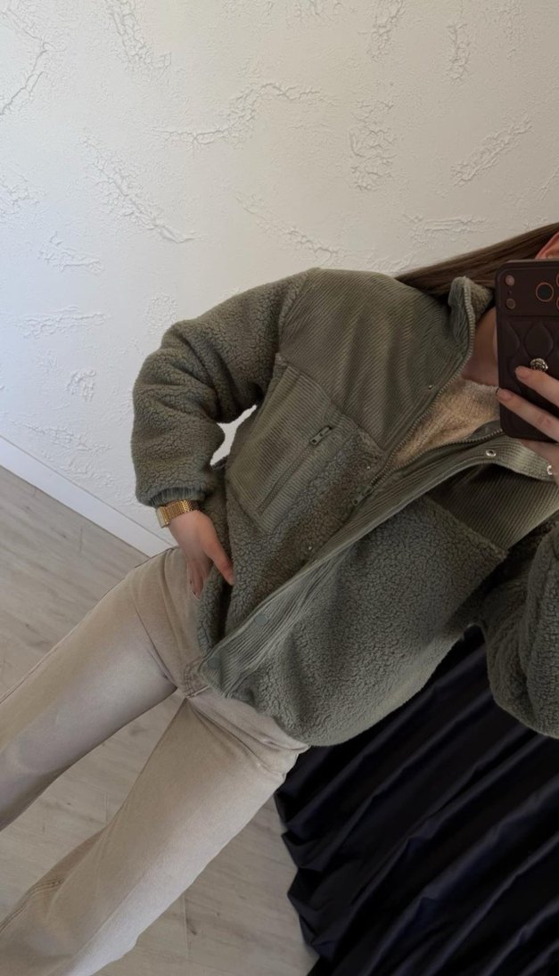 Uzun Kollu Haki Yüksek Yakalı Kadın Ceket Mont - Görsel 3