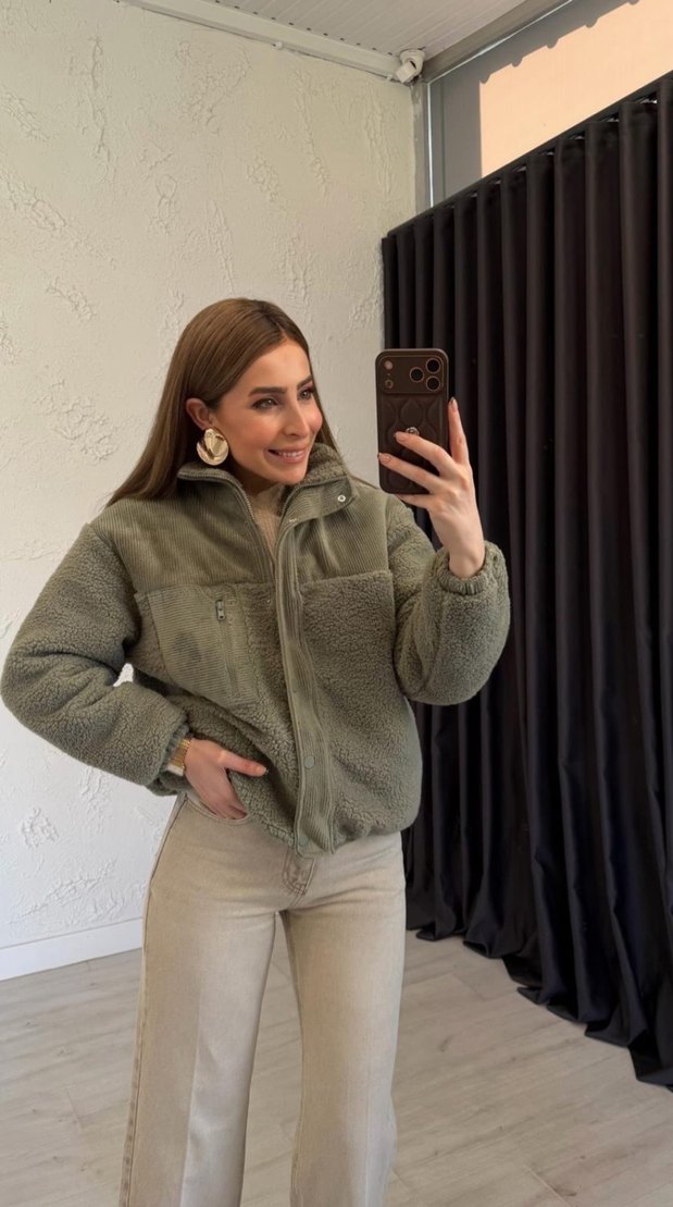 Uzun Kollu Haki Yüksek Yakalı Kadın Ceket Mont - Görsel 4