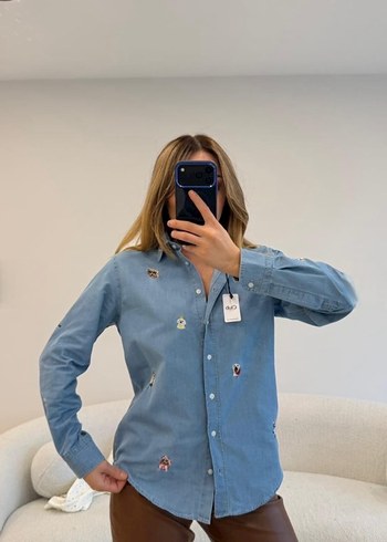 Desenli Düğmeli Kadın Kot Gömlek - Görsel 2