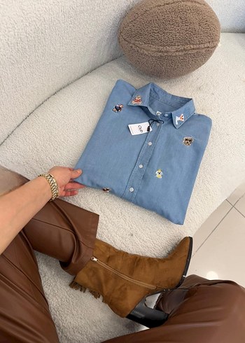 Desenli Düğmeli Kadın Kot Gömlek - Görsel 5