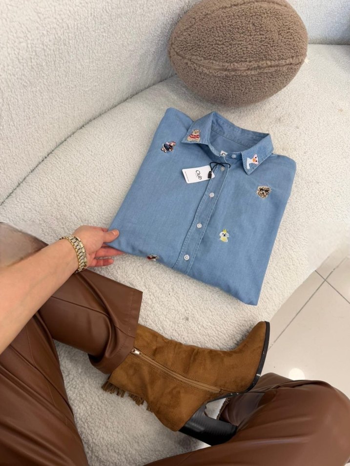 Desenli Düğmeli Kadın Kot Gömlek - Görsel 5