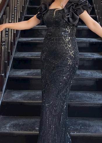 Siyah Uzun Pul Payetli Abiye Elbise - Görsel 2