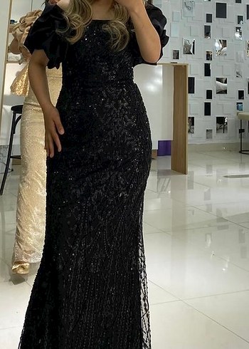 Siyah Uzun Pul Payetli Abiye Elbise - Görsel 3