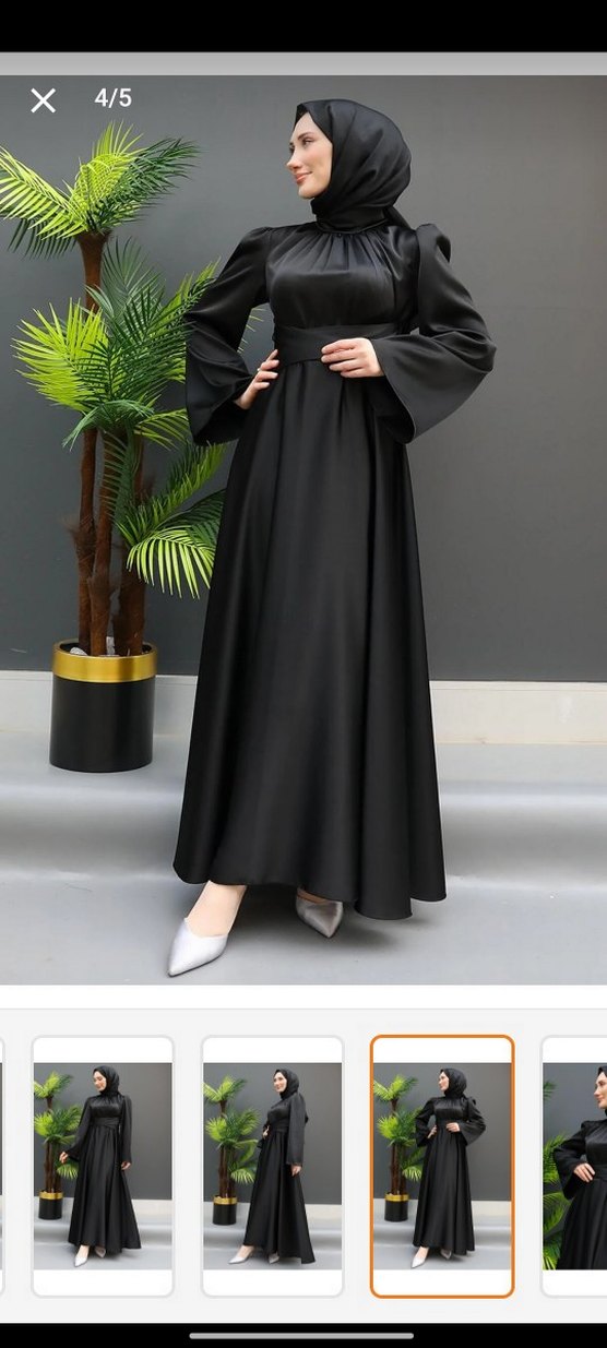 Siyah Uzun Kadın Elbise Drapeli ve Saten Kumaş - Görsel 2