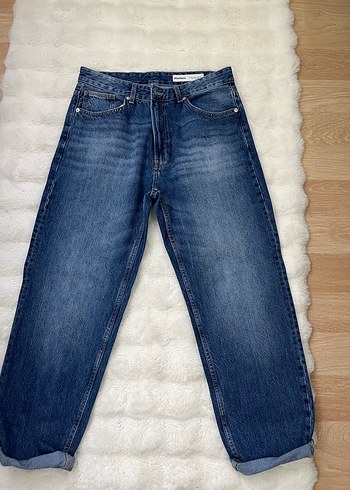 Bershka Düğmeli Gri Mavi Midi Kot Pantolon - Görsel 2